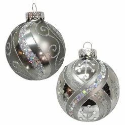 Top 10 ✔️ Metallic Ornaments Kurt Adler 3.15. In. Silver With Glitter And Sequins Glass Ball Ornaments - Set Of 6 😀 -Jolly Ornaments Shop detail2KSA3122