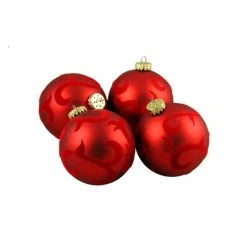 Best deal ❤️ Red Ornaments Barcana 2.75 In. Red Flocked Flourish Shatterproof Ball Ornaments - Set Of 4 🎉