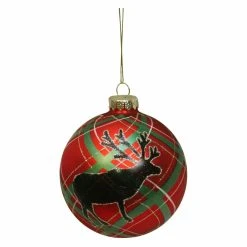 Promo 😍 Green Ornaments Northlight Holiday Moments Plaid With Reindeer Silhouette Glass 👍 Christmas Ball Ornament ⌛
